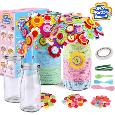 LNKOO 2 Pcs Flower Craft Kit for Kids - Arts and Crafts Make Your Own Button Felt Flowers Vase Project for Boys and Girls - Fun DIY Activity for Children Ages 4 5 6 7 8 9 10 Years Old