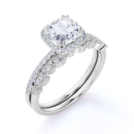 1.5 Carat cushion cut Moissanite and Diamond Halo Vintage Bridal Wedding Ring Set in 10k White Gold