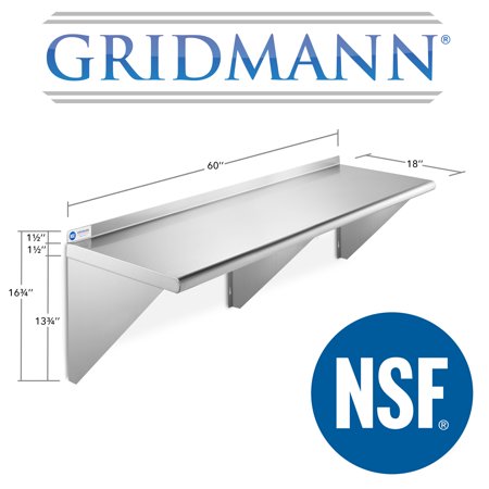 GRIDMANN 18" x 60" NSF Stainless Steel Kitchen Wall Mount Shelf w/ Backsplash, 18" x 60"