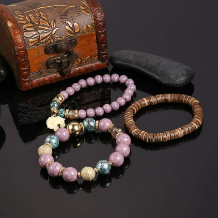 Women Fashion Wood Beads Bracelets Boho Small Elephant Charm Bracelets Set Vintage Style Jewelry HFONBlack,