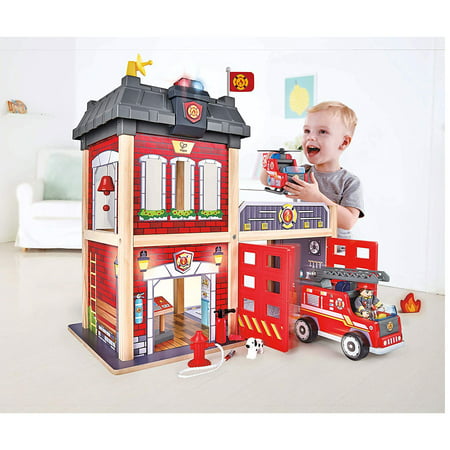 Hape Wooden Kid's Tri-Level City Fire Station Dollhouse Playset, Ages 3 and up