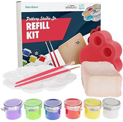 Pottery Studio Refill Kit - KIds Pottery Clay Set - Includes: 1 Lb. Air-dry clay, Sponge, 6 Color Vials, 2 Paintbrushes, Paint Palette Instruction Guide - Works with All Brands Pottery Wheels