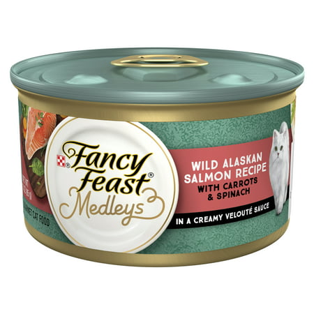 (24 Pack) Fancy Feast Wild Alaskan Salmon with Carrots and Spinach in Creamy Veloute Sauce High Protein Cat Food, 3 oz. Cans, Salmon