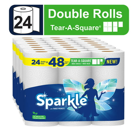 Sparkle Tear-A-Square Paper Towels, White, 24 Double Rolls