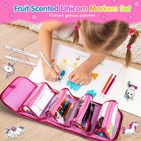 Hot Bee Fruit Scented Markers Set 56 Pcs with Unicorn Pencil Case,Unicorn Gifts for Girls Ages 4-6-8, Art Supplies for Kids