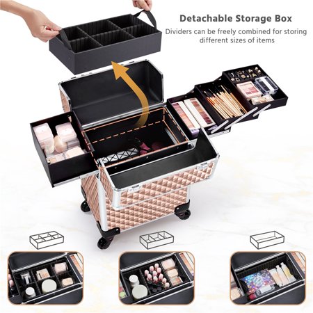 SmileMart Rolling Makeup Train Case Cosmetic Trolley with Sliding Rail Holographic, Gold, Gold
