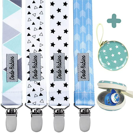 Dodo Babies 4 Pack Pacifier Clips with Pacifier CaseWhite/Baby Blue/Black,