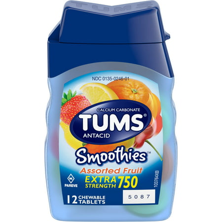 TUMS Antacid Chewable Tablets, Smoothies Assorted Fruit for Heartburn Relief, 12 count