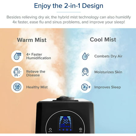 Levoit Ultrasonic Humidifier for Large Room, Bedroom, Warm and Cool Mist Vaporizer for Baby, Plants, Auto Shut-off, Humidity Sensor and Essential Oil Tray, 6L, LV600HH, Black, 6L Black