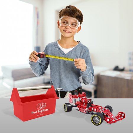 Red Toolbox Kids 7pc Tool Set and Car Engineering Kit, Includes Hand Tools, Toolbox, and Kit