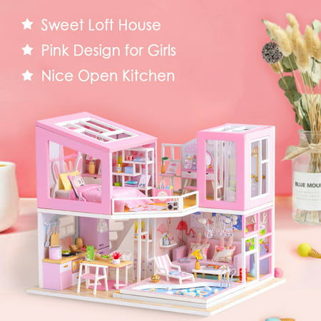 Miniature Doll House Diy Wooden Dollhouse with Furniture & Led Light Pink Loft House