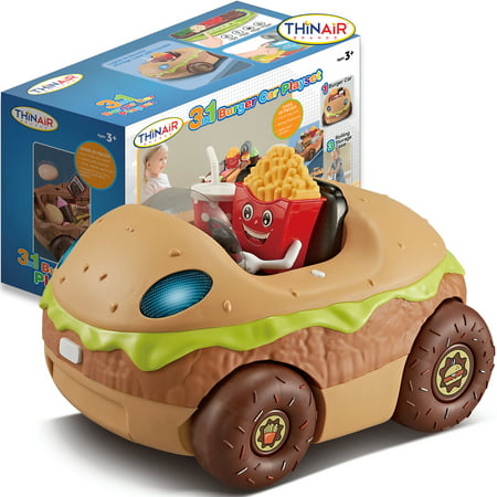 Thin Air Toys Burger Car Kids? Kitchen Playset with Lights & Sounds | Cute Burger-Shaped Toy Car Unfolds to Reveal Toy Grill, Realistic Toy Food & Toy Restaurant / Food Truck for Kids 3 & Up