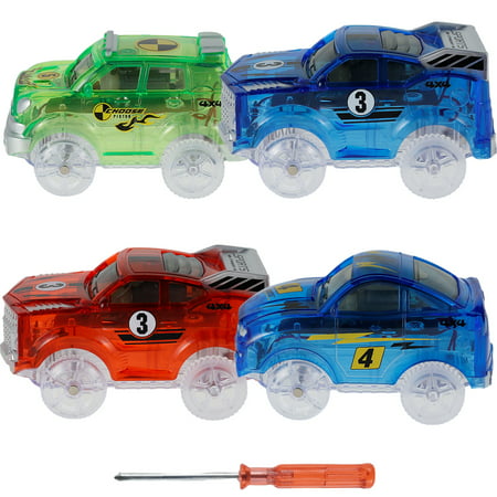 CIVG 4Pcs Kids Toy Car with 5 LED Light Glow in The Dark Racing Car Toy Battery Powered Light Up Car Model Toy Compatible with Most Tracks for Toddlers Aged 3 4 5 6 7 8Type: B- 2xblue green red,