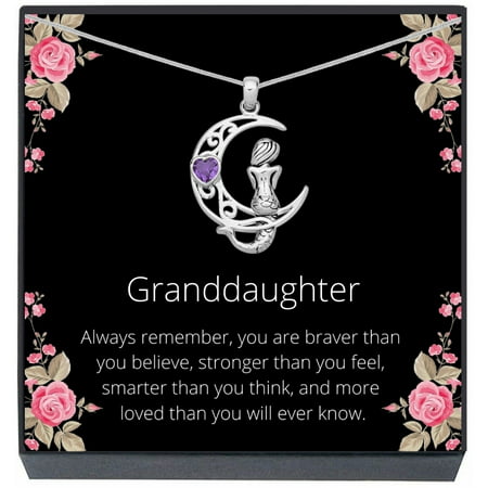 Granddaughter Jewelry Mermaid on Moon Necklace Gift from Grandma, Grandpa, Grandparents, Jewelry for Girls, Teens, Women, Christmas, Stocking Stuffer (Purple)Purple,