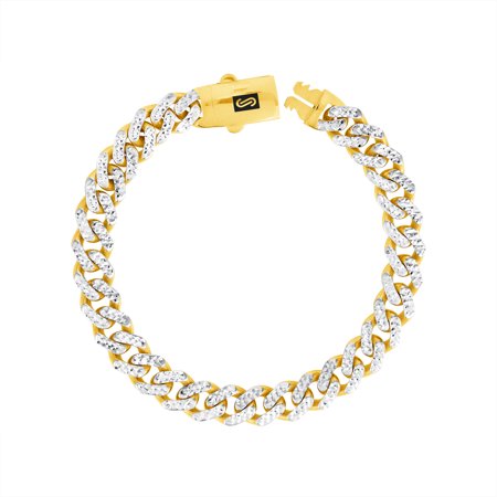 Nuragold 10k Yellow Gold 7.5mm Monaco Miami Cuban Diamond Cut Pave Link Chain Bracelet, Mens Jewelry Fancy Box Clasp 7" 7.5" 8" 8.5" 9"