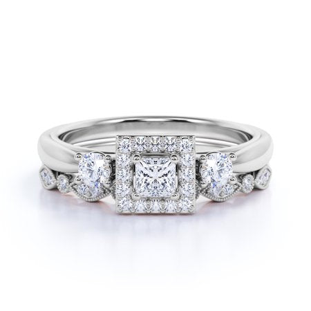 1.25 ct Princess Cut Moissanite - 3 Stone Art Deco - Halo Ring & Scalloped Band - Vintage Wedding Ring Set in 18K White Gold over Silver, 7