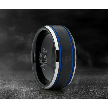 Men's Tungsten Carbide Black and Blue Textured Wedding Band Ring Comfort Fit 8mmBlack Blue,