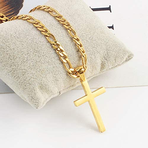 14K Gold Flat Cross for Men Women w/ real solid Strong Clasp 14ct Perfect Necklace Gift for Husband or Wife. Diamond-Cut USA made