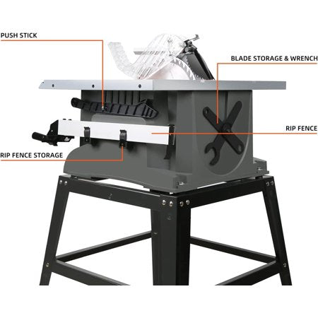 PROSTORMER Table Saw, 10 Inch 15A Multifunctional Saw with Stand 45? -90? Blade Angle and about 5000RPM No-Load Speed
