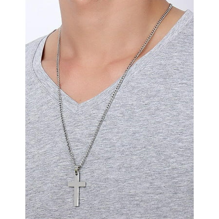 Stainless Steel Cross Pendant Chain Necklace for Men Women Jewelry Gift HFON, Gray, 01