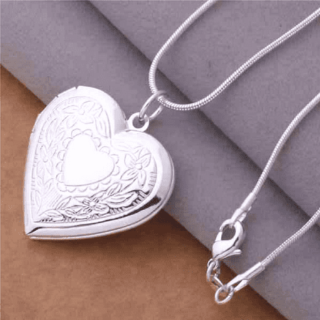 Floral Design Stamped Silver Heart Locket Necklace For WomanSterling Silver,