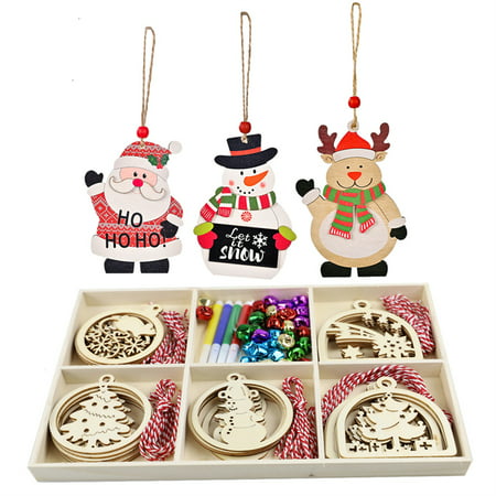 EASTIN Wooden Christmas Ornaments,33 Pcs Christmas Crafts for Kids,5 Styles DIY Christmas Ornaments Kit with 33 Strings and 30 Bells,Unfinished Wood Slice for Hanging Holiday Decoration