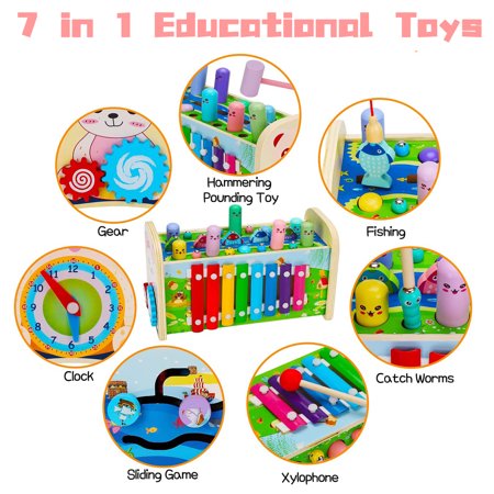 Sytle-Carry Baby Toys for 12-24 Months, 7 in 1 Wooden Hammering Pounding Toys, Montessori Early Development Toys