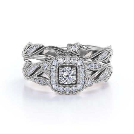 Antique - Round Diamond - Edwardian Diamond Filigree Ring - Art Deco Style - Wedding Ring Set in 10K White Gold, White Gold, 5