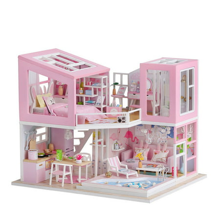Miniature Doll House Diy Wooden Dollhouse with Furniture & Led Light Pink Loft House