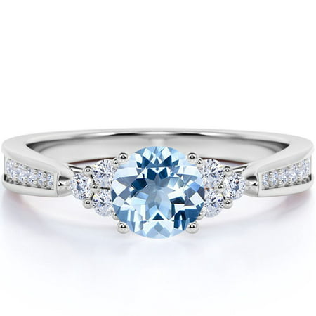 1 carat Round Dark Blue Created Aquamarine Tapered Birthstone Engagement Ring in 18k White Gold over Silver, 7