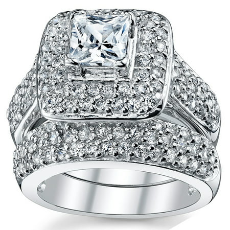 Women's 1 Carat Princess Cut Cubic Zirconia Sterling Silver 925 Wedding Engagement Ring Set, 2 pcs/1 Set
