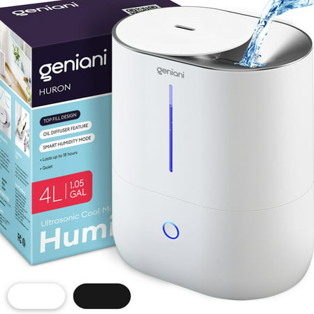 Geniani Top Fill 4L Cool Mist Large Humidifier & Essential Oil Diffuser for Home - Smart Aroma Ultrasonic Air Humidifier for Large Room, Bedroom, Baby, Kid - Easy to Clean & Fill, Auto Shut Off, Quiet, White, 4 L
