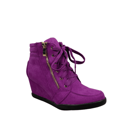 Peggy-56 Women's High Top Fashion Round Toe Lace Up Wedge Sneaker ShoesPurple,