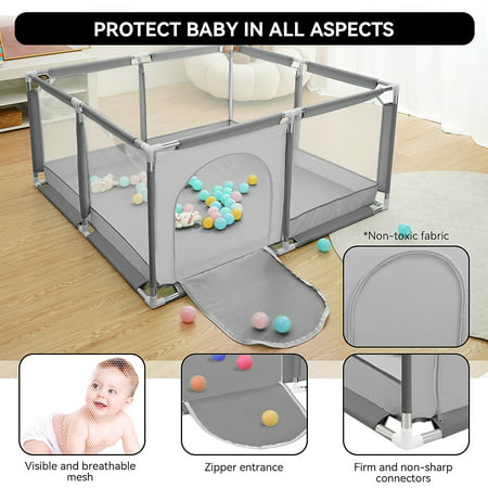 Baby Playpen, Outdoor Play Yard, Portable Play Yard 4-Panel- Baby Safety Playpen for Infant Toddler with Basketball Hoop,GreyGray,