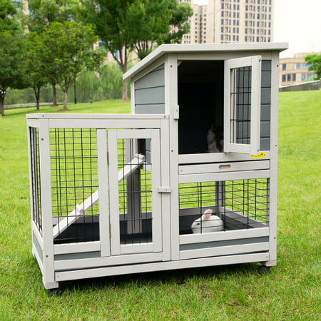 Coziwow Rabbit Hutch Outdoor Wooden Pet Small Animal Cage with Wheels, Openable roof, Gray, Gray