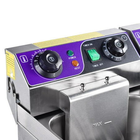 Commercial Electric Deep Fryer 23.4L 2 Tanks Fryer with Timer and Drain Stainless Steel French Fry Wings