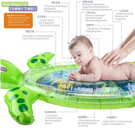 Gebra Inflatable Tummy Time Water Mat Sea Turtle Shape Infants & Toddlers Play Mat Toy, Fun Play Activity Center Your Baby's Stimulation Growth (BPA Free, 43" 35" 2.5")