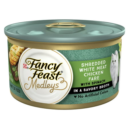 (24 Pack) Fancy Feast Wet Cat Food Medleys Shredded White Meat Chicken Fare With Spinach in a Savory Broth, 3 oz. Cans