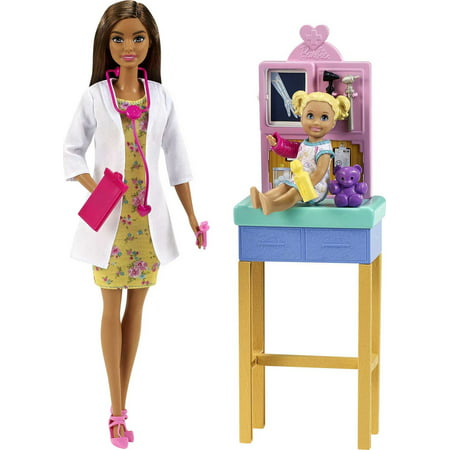Barbie Career Pediatrician Playset, Brunette Doll, Exam Table, X-ray, Stethoscope, Patient Doll, Teddy Bear, Great Gift for Ages 3 Years and Up