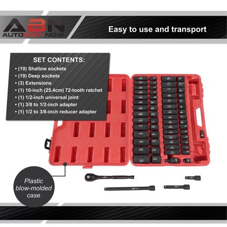 ABN 65 Piece Impact Socket Set - 1/2in Drive Shallow and Deep Socket Set