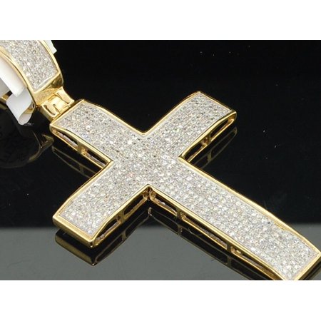 Mens 10K Yellow Gold White Diamond Cross Designer Domed Charm Pendant 0.95 ct.