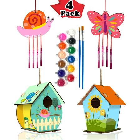 4 Pack DIY Bird House Wind Chime Kits for Children to Build and Paint, Wooden Arts and Crafts for Kids Girls Boys Toddlers Ages 8-12 4-6 6-8, Paint Kit Includes Paints & Brushes
