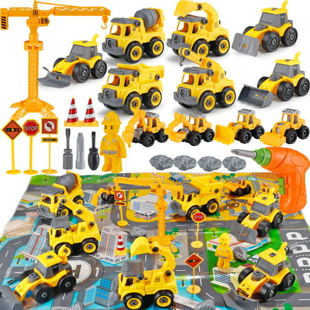 STEM Boy Toys Take Apart Construction Trucks Car Toys with Electric Drill and Map Kids Stem Building Toddler Toy for 3 4 5 6 Year Old Boys