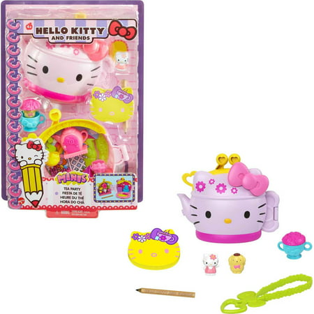 Hello Kitty Tea Party Compact (4.9-in / 12.5-cm) with 2 Sanrio Minis Figures, Stationery Notepad and Accessories, Great Gift for Kids Ages 4Y+, Standard