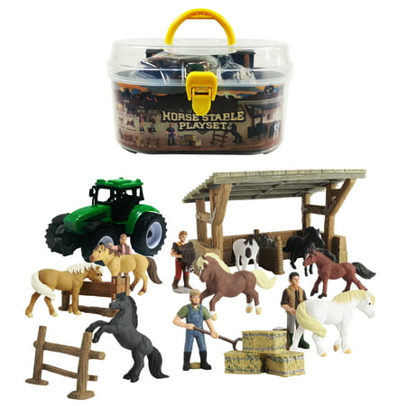 DINOBROS Horse Stable Playset Toys for Boys, Girls and Toddlers Age 3, 4, 5 and Up Includes 8 Horses and Accessories 17 Piece Horse Stall Farm Set with Portable Case