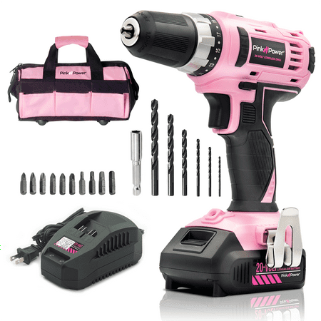 Pink Power 20V Cordless Lithium Ion Electric Drill Driver Kit for Women