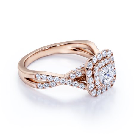 Elegant 1 Carat - Square Cut Moissanite - Twisted Band - Pave - Double Halo Engagement Ring - 18K Rose Gold over SilverRose,
