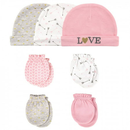 Hudson Baby Infant Girl Cotton Cap and Scratch Mitten 7pc Set, Love, 0-6 MonthsLove,