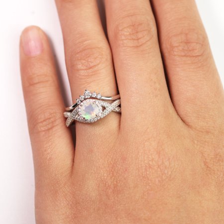 1.25 Vintage Round Blue Fire Opal and Moissanite Wedding Ring Set in 18K White Gold over SilverWhite,