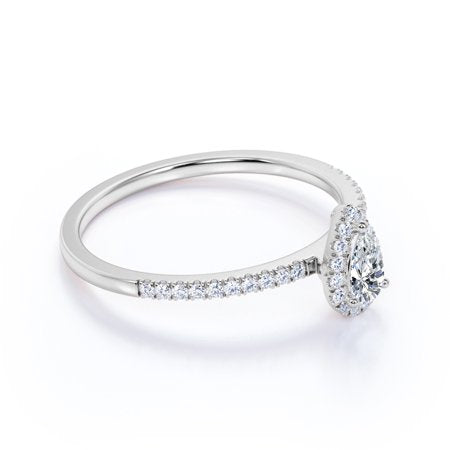 Half Carat Pear Cut Real Diamond Halo Engagement Ring in 10k White Gold